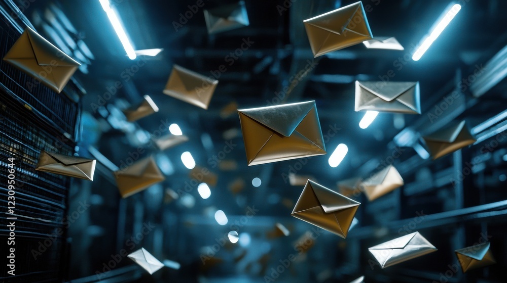 Poster an animated scene of digital envelopes flying through the air, symbolizing fast email delivery