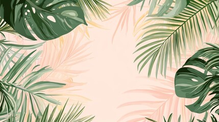 Obraz premium Tropical leaves framing a soft pastel background perfect for creative projects and designs