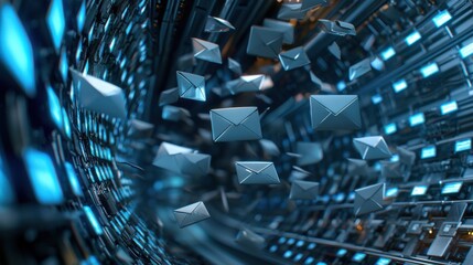 An animated scene of digital envelopes flying through the air, symbolizing fast email delivery