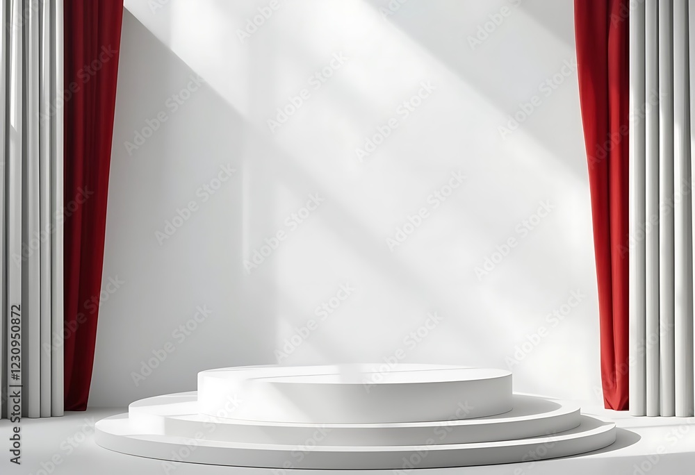 Poster white tiered display platform with red curtains