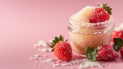 Strawberry sugar scrub in a jar with berries.