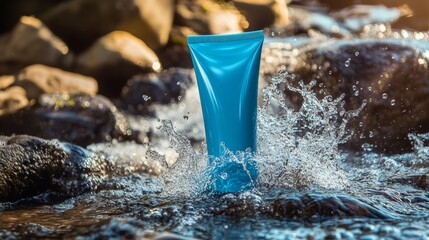 Bright blue tube splashes in clear stream surrounded by smooth rocks during golden hour light