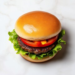 Juicy Beef Patty Hamburger with Toasted Bun and Fresh Vegetables