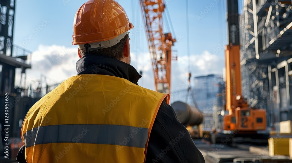 Poster Back view of an engineer monitoring the operation of a rail crane moving heavy equipment