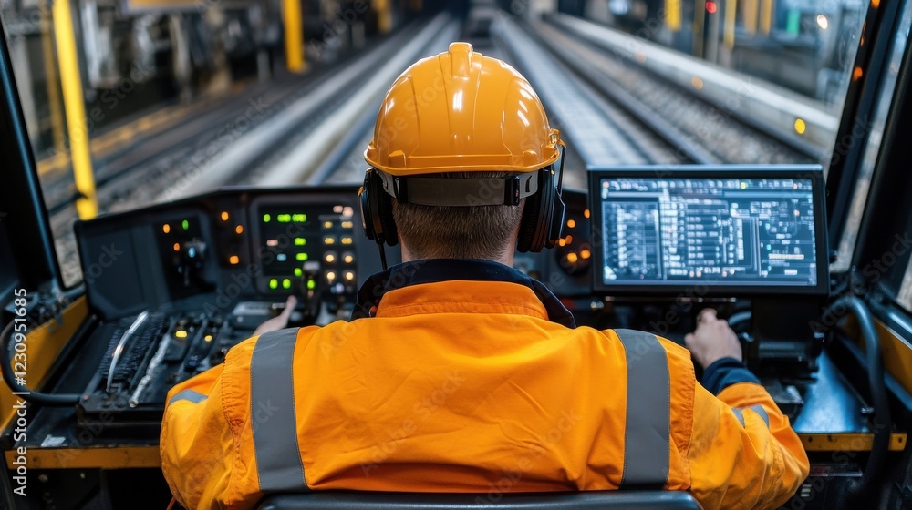Poster Back view of an engineer monitoring the operation of a diagnostic vehicle on a railway track