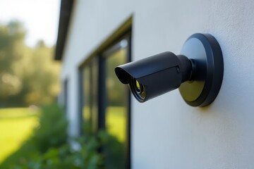 Modern Black Security Camera Installed on Exterior White Wall of House