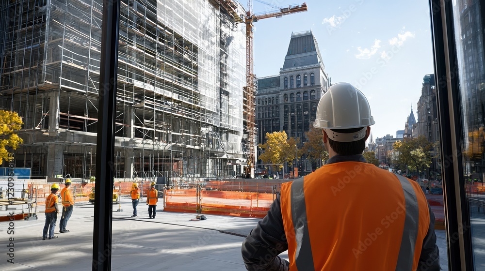 Poster Back view of an engineer observing a team setting up scaffolding for a large building