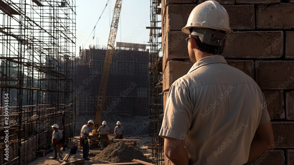 Aufkleber back view of an engineer observing a team laying bricks for a building wall