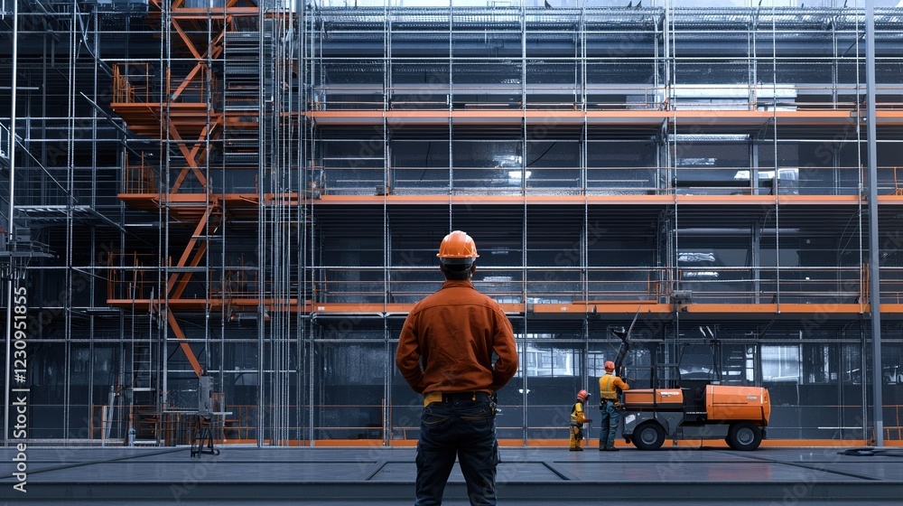 Poster Back view of an engineer observing a team setting up scaffolding for a large building