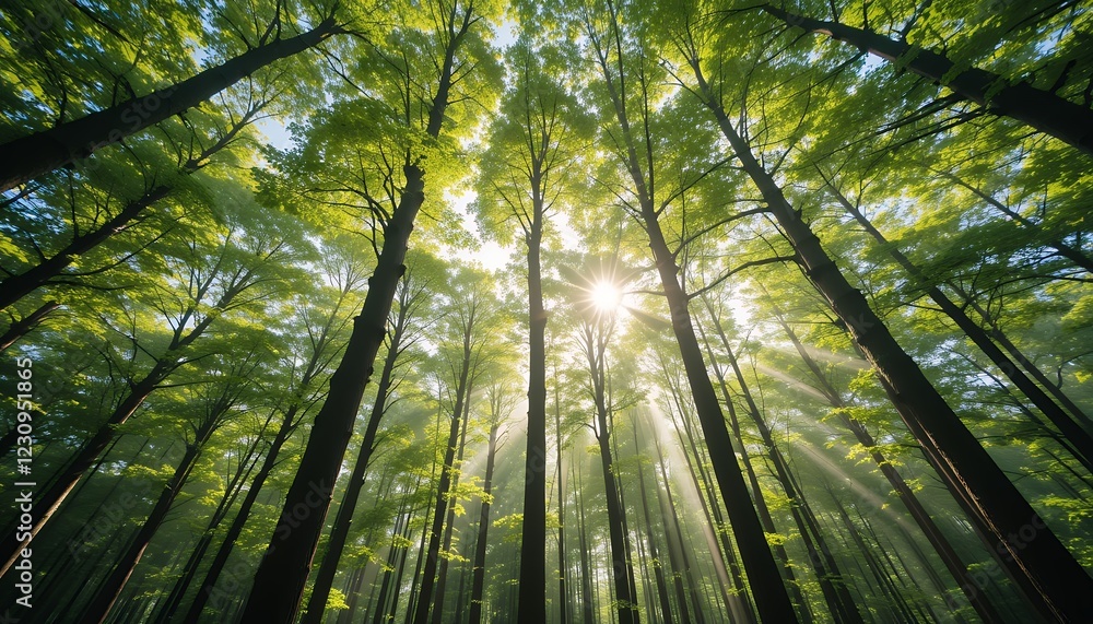 Poster sunlight piercing through tall trees in a green forest creating a serene scene