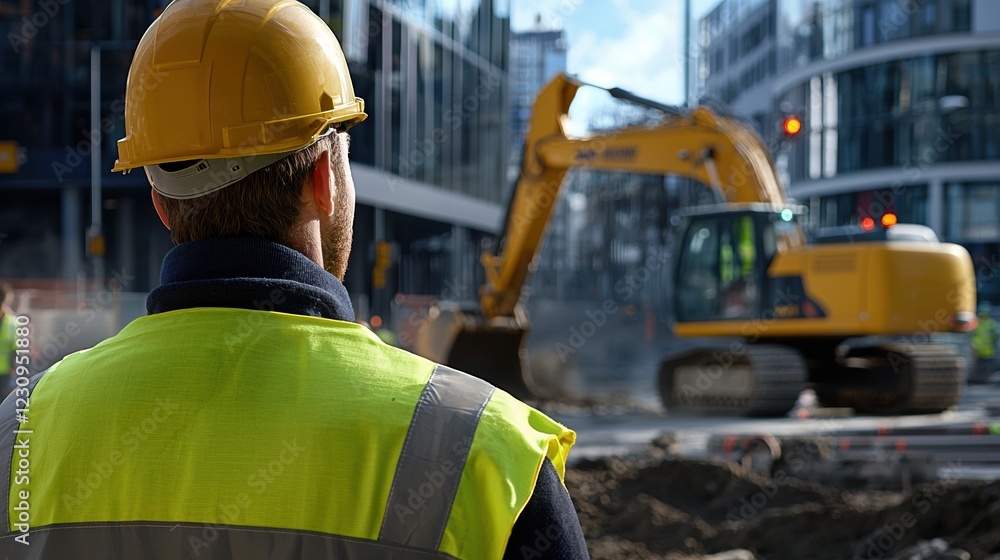Poster back view of an engineer observing heavy machinery excavating at a building site