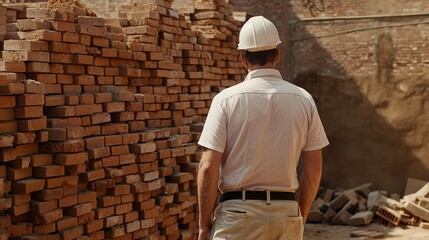 Back view of an engineer observing a team laying bricks for a building wall