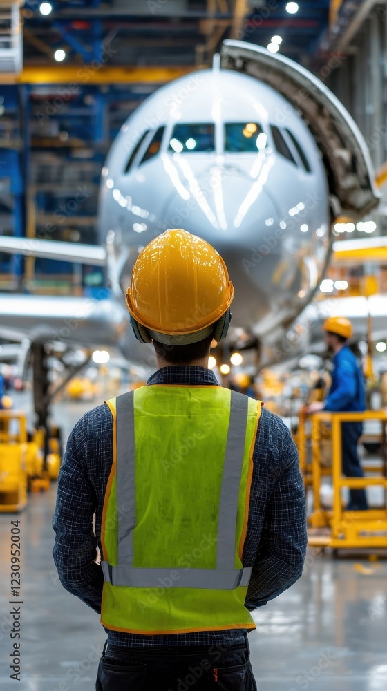 Aufkleber back view of an engineer observing technicians working on an aircraft fuselage