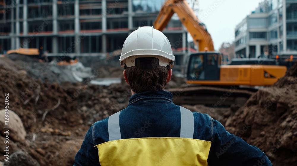 Poster back view of an engineer observing heavy machinery excavating at a building site