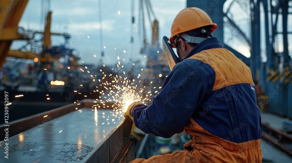 Poster back view of an engineer observing the welding of steel plates for a ship hull