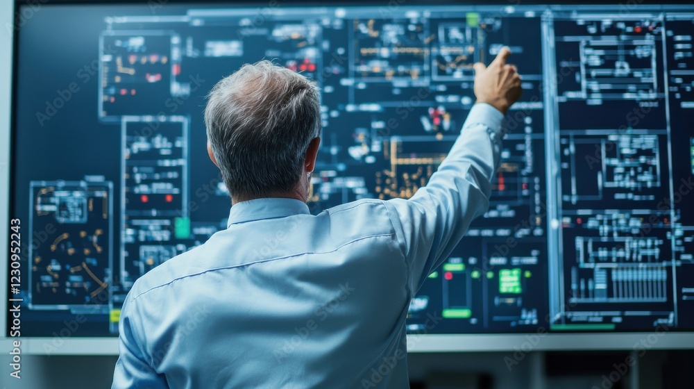 Aufkleber Back view of an engineer pointing to maintenance issues on an airplane diagram displayed on a screen