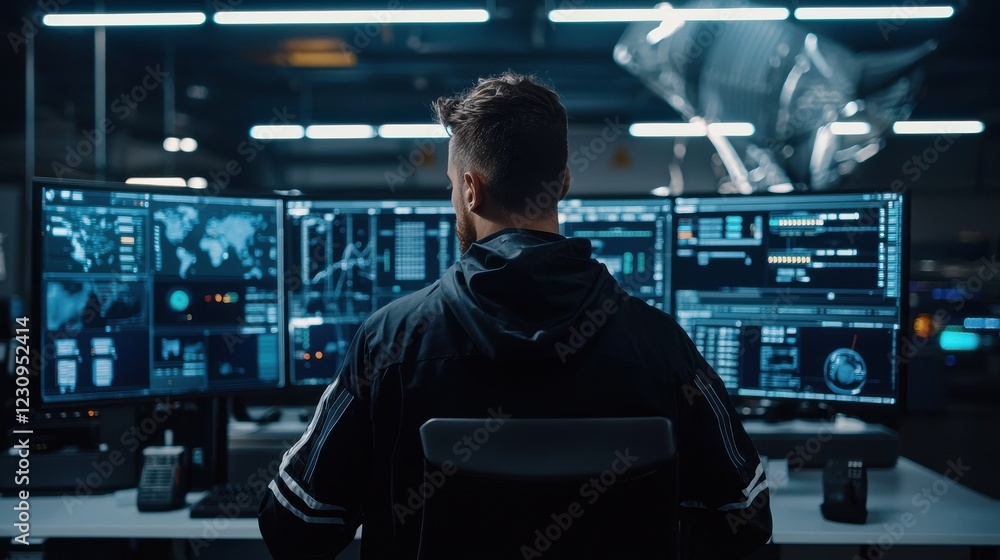 Aufkleber Back view of an engineer standing near a control panel, monitoring automated mining systems