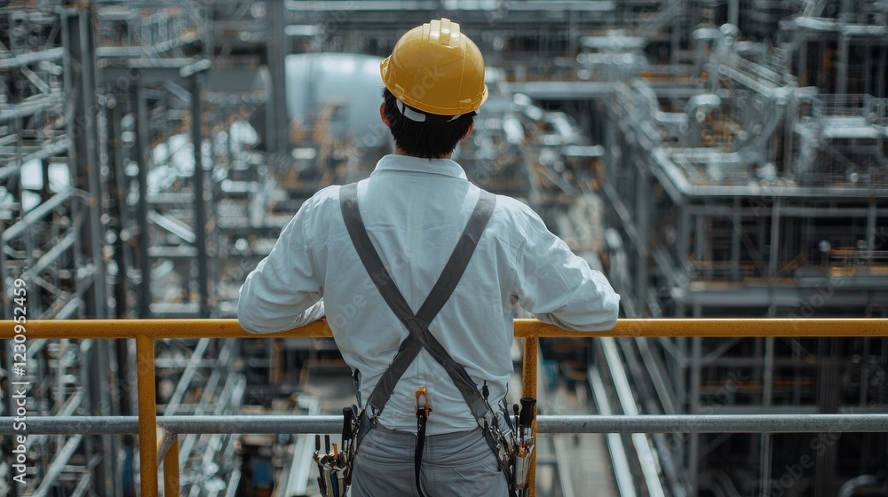 Poster back view of an engineer standing on scaffolding, overlooking ongoing work across an industrial comp