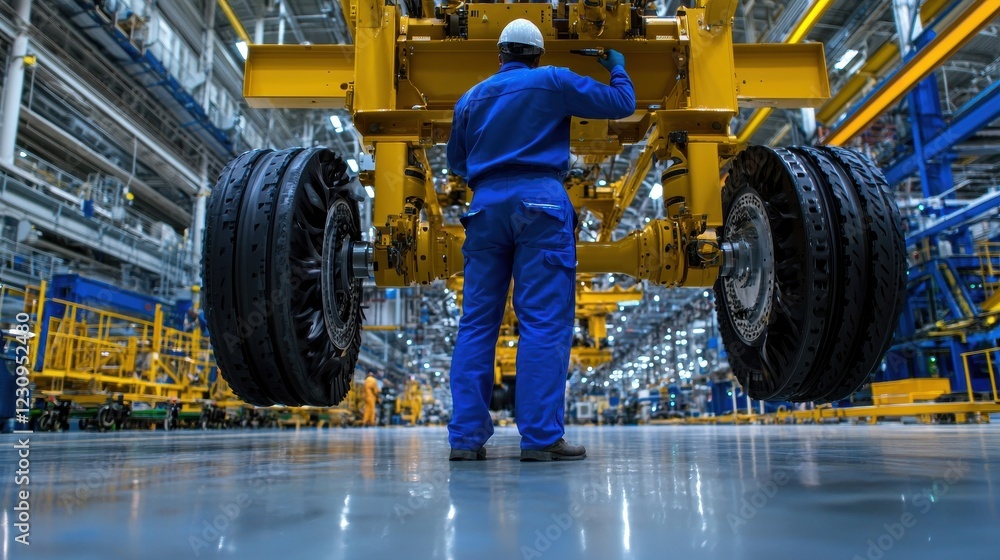 Poster back view of an engineer supervising the assembly of aircraft landing gear in a large hangar