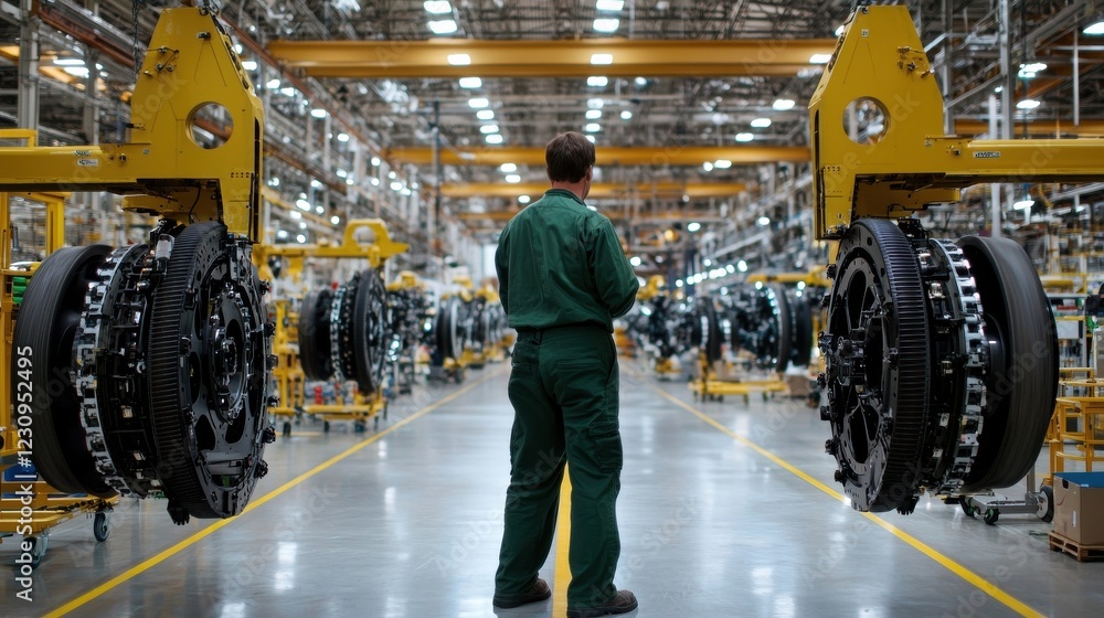 Poster back view of an engineer supervising the assembly of aircraft landing gear in a large hangar