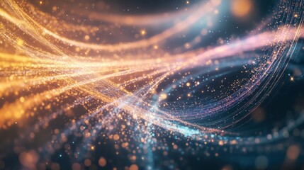 An abstract representation of quantum entanglement with interconnected particles and vibrant energy fields, in a high-tech setting, Quantum style