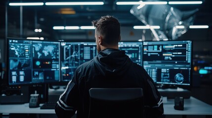 Back view of an engineer standing near a control panel, monitoring automated mining systems