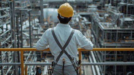 Fototapeta premium Back view of an engineer standing on scaffolding, overlooking ongoing work across an industrial complex