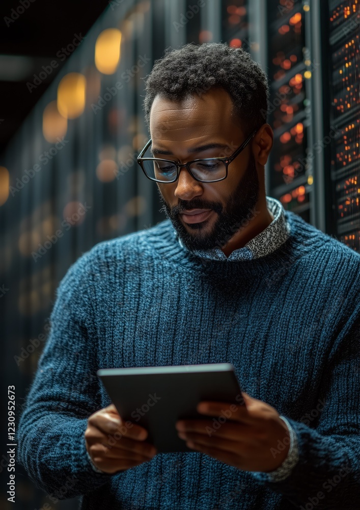 Poster it specialist using tablet and working in server room