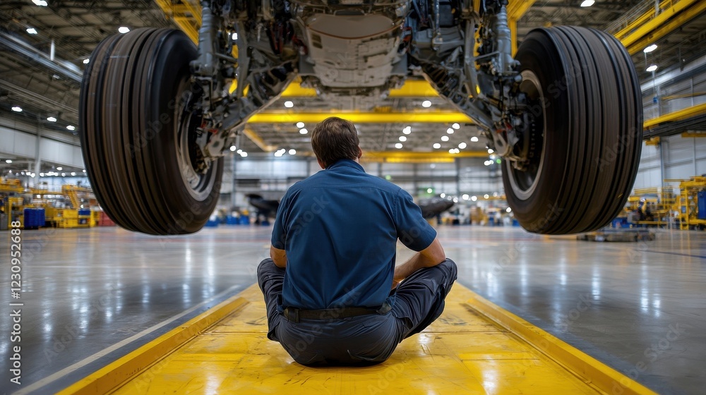 Aufkleber back view of an engineer supervising the assembly of aircraft landing gear in a large hangar