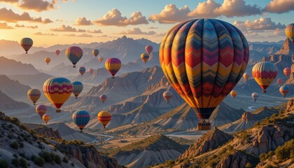 Naklejka premium Spectacular Hot Air Balloons Soaring Over Majestic Mountains at Sunrise