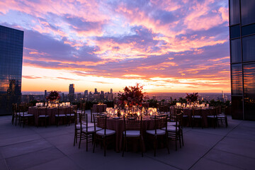 romantic rooftop dinner party with city skyline sunset view
