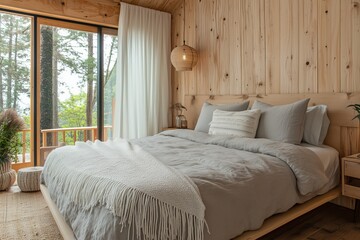 Modern bedroom illuminating tranquility with natural light and forest views