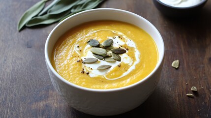 A rich and creamy butternut squash soup with a swirl of cream and a sprinkle of toasted pumpkin seeds, served in a white ceramic bowl, Soup centered