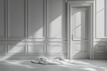 Empty Room with White Walls, Open Door, Classic Trim and Soft Shadow for Ads