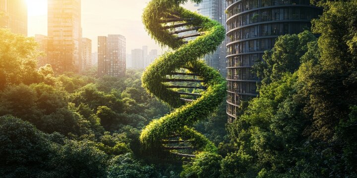 Green DNA structure intertwines with modern architecture in a sustainable urban setting at sunset