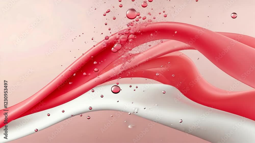 Poster dynamic abstract background of fluid red and white waves with bubbles, showcasing smooth movement an