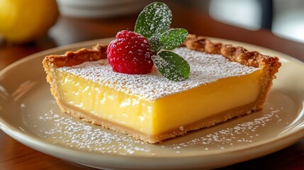 A slice of lemon meringue pie with a leaf on top