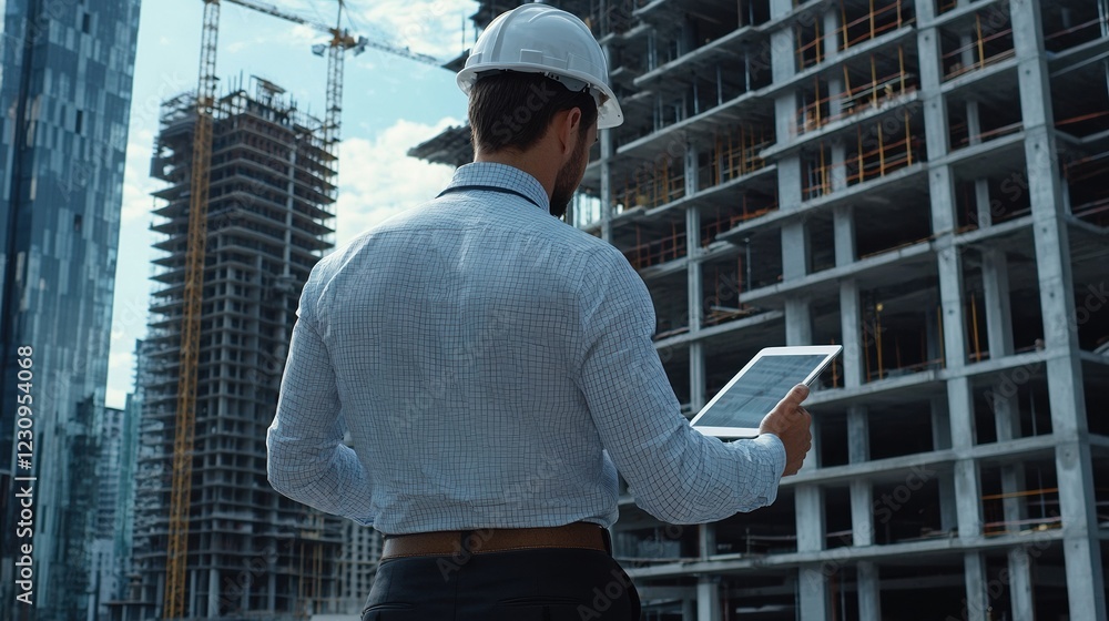 Poster construction engineer back view holding a tablet, monitoring the progress of a building project