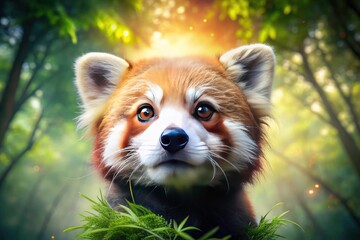 Fuzzy red panda close-up, double exposure blending nature's beauty; enchanting eyes, wildlife artistry.