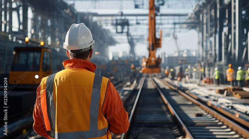 Poster Engineer worker back view directing a crane operator as they lift rails into place