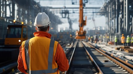 Engineer worker back view directing a crane operator as they lift rails into place