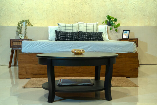 bed in asthetic ambience with Cream color background 