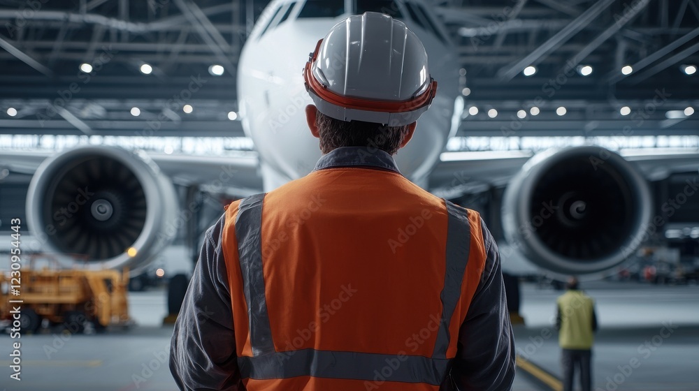 Aufkleber engineer worker back view inspecting the connection points on an airplane hydraulic system