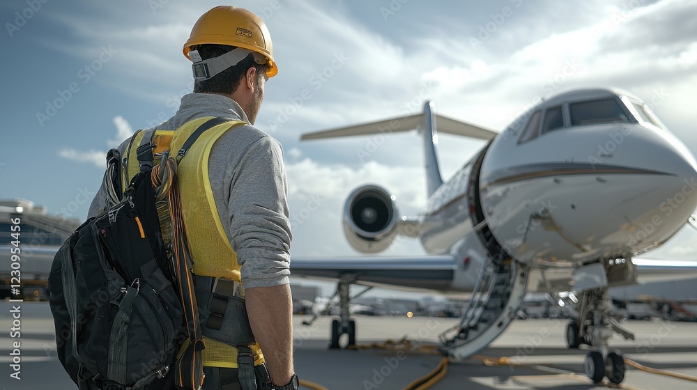 Aufkleber engineer worker back view inspecting the connection points on an airplane hydraulic system