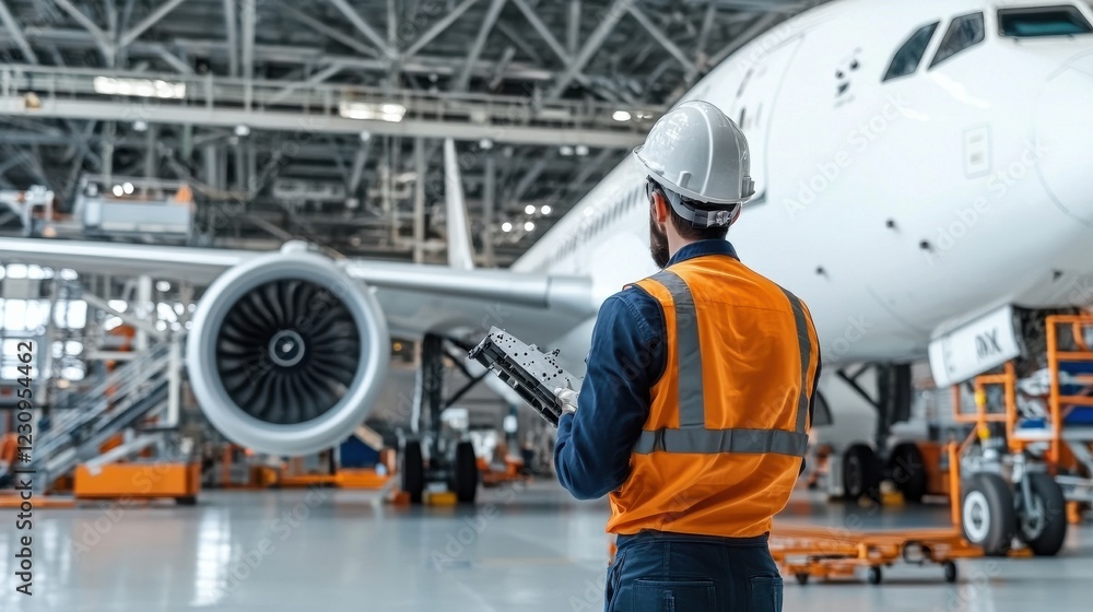 Poster engineer worker back view inspecting the alignment of an airplane rudder in the depot