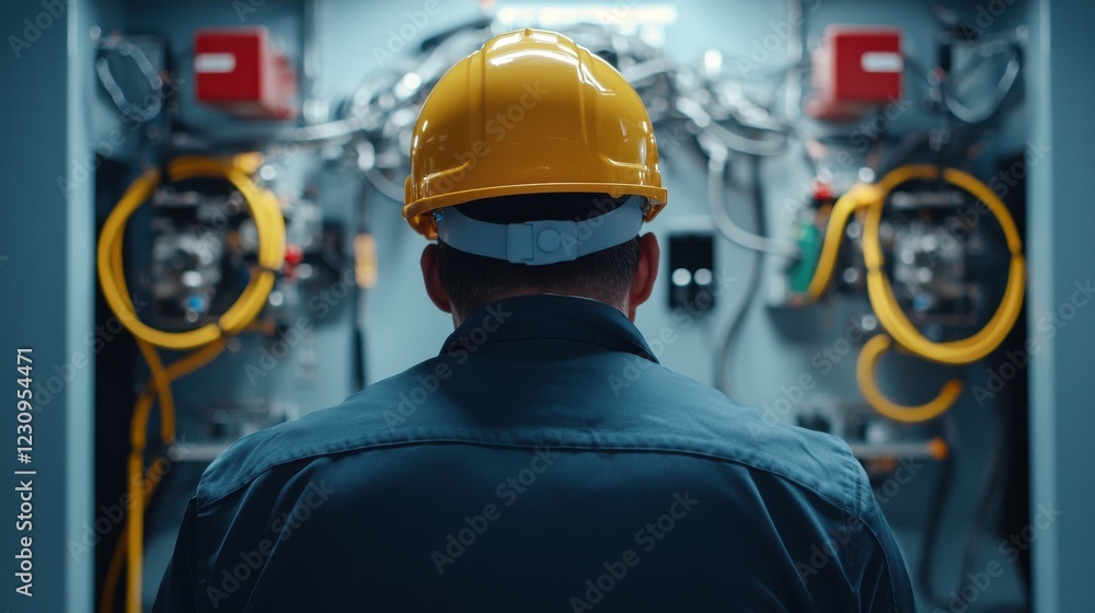 Poster Engineer worker back view inspecting the connection points on an airplane hydraulic system