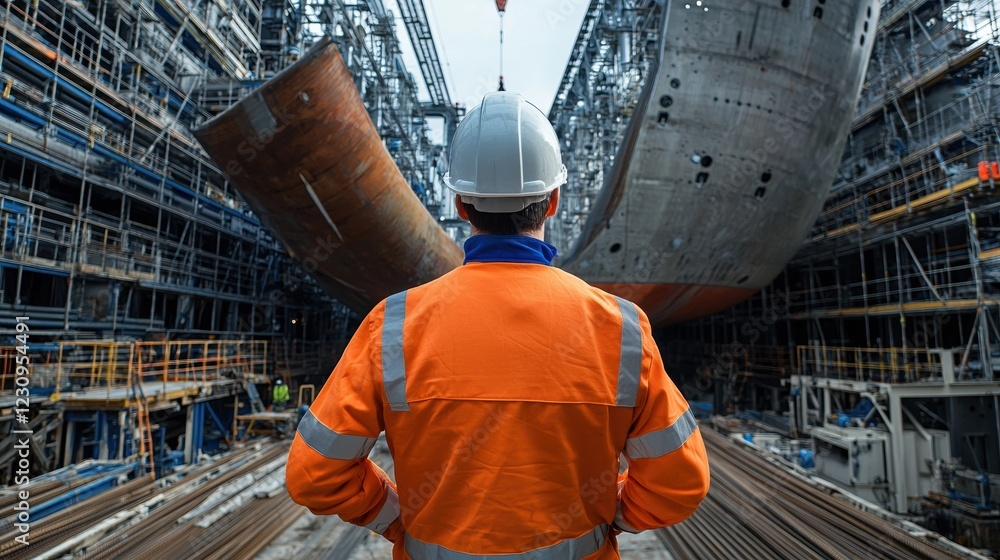 Poster engineer worker back view inspecting the hull of a large ship under construction