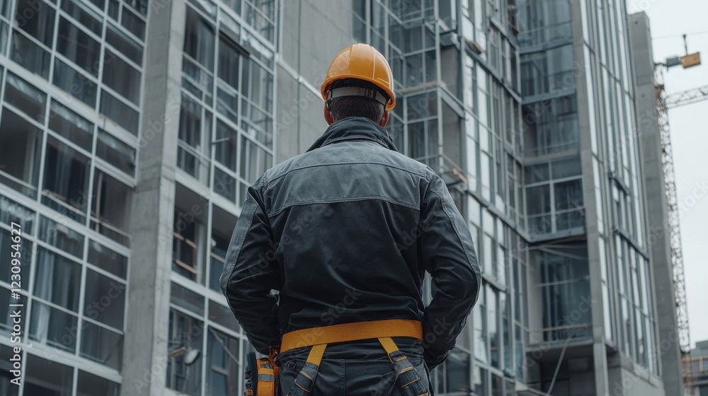 Poster engineer worker back view inspecting the installation of steel frames for a modern building