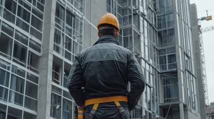 Engineer worker back view inspecting the installation of steel frames for a modern building