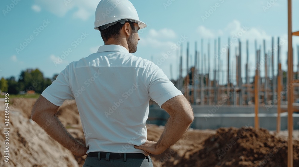 Poster Engineer worker back view observing a concrete pouring operation for a building foundation